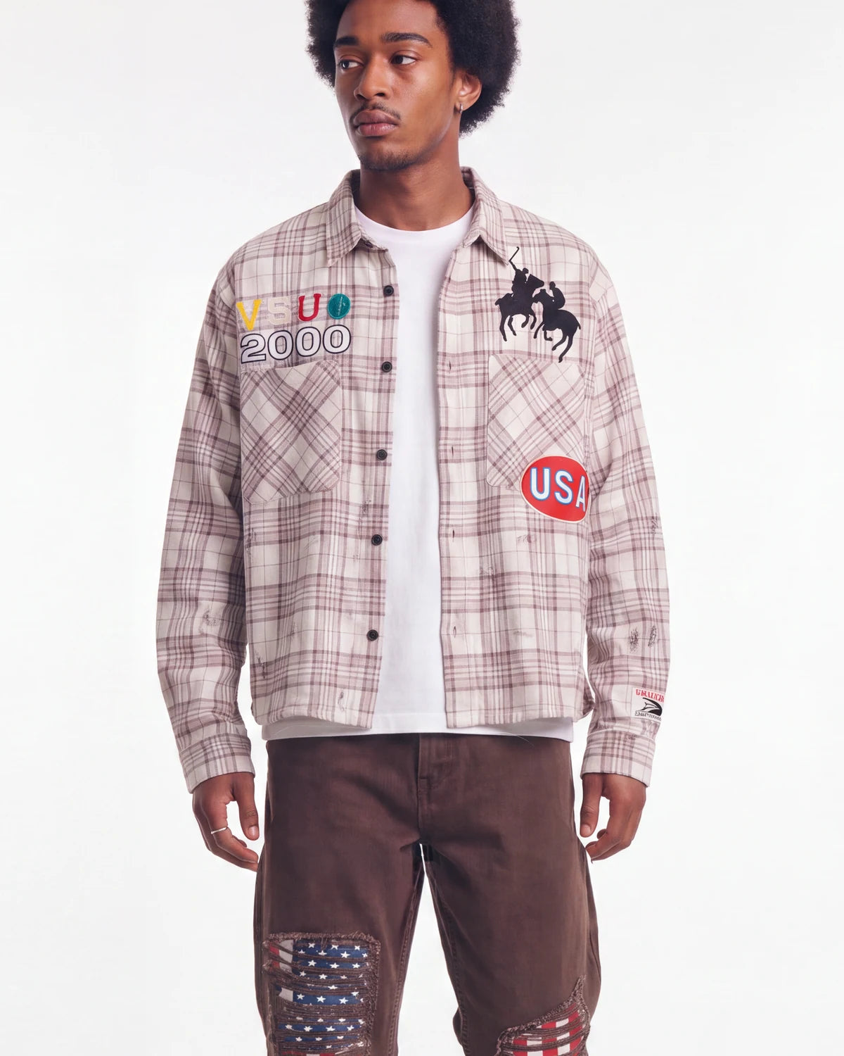 Vale Forever VSU 2000 Flannel brown, upper body front view on model showing the plaid and patchwork graphics