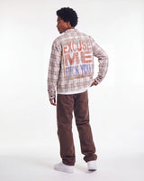 Bravest Studios Liberty Flare Denim brown, full rear view on model worn with a plaid flannel