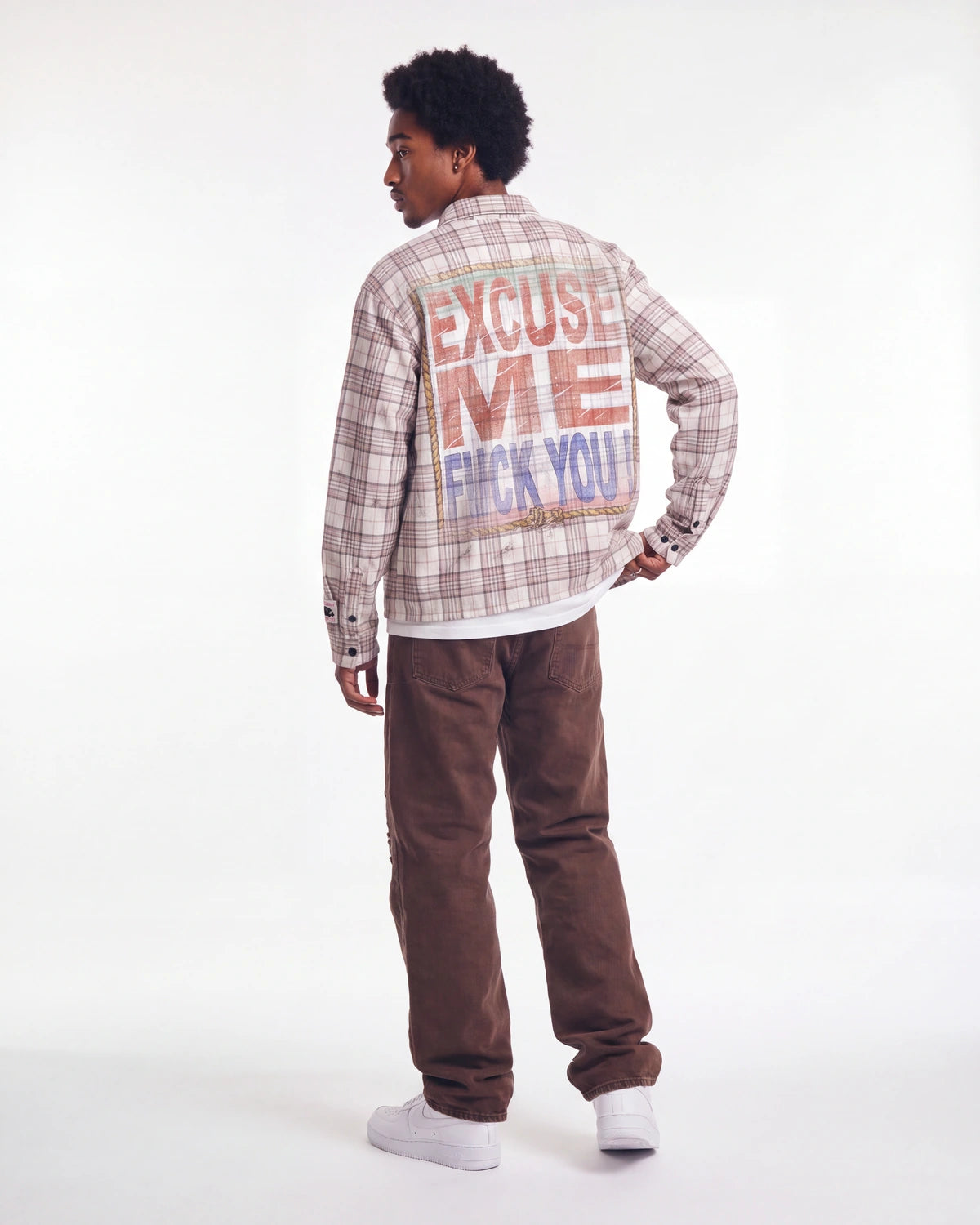 Bravest Studios Liberty Flare Denim brown, full rear view on model worn with a plaid flannel
