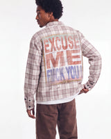 Vale Forever VSU 2000 Flannel brown, upper body rear view on model showing the placard panel across the back