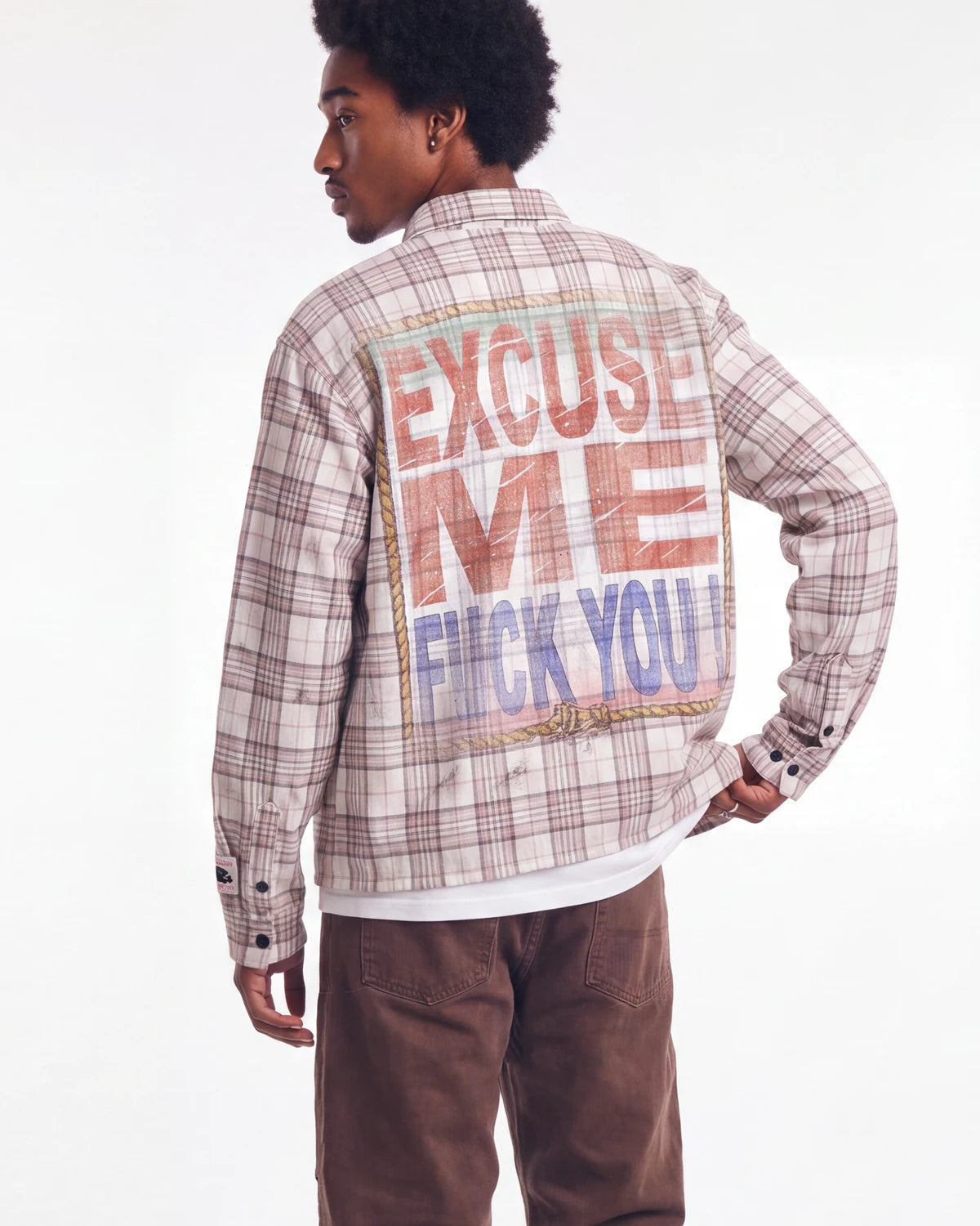 Vale Forever VSU 2000 Flannel brown, upper body rear view on model showing the placard panel across the back