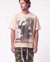 Vale Forever Solo Tee natural, upper body front view on model showing the valleydream photo print