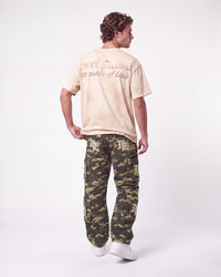 Mixed Emotions ME Camo Cargo Pants green camo, full rear view on model worn with a natural photo-print tee