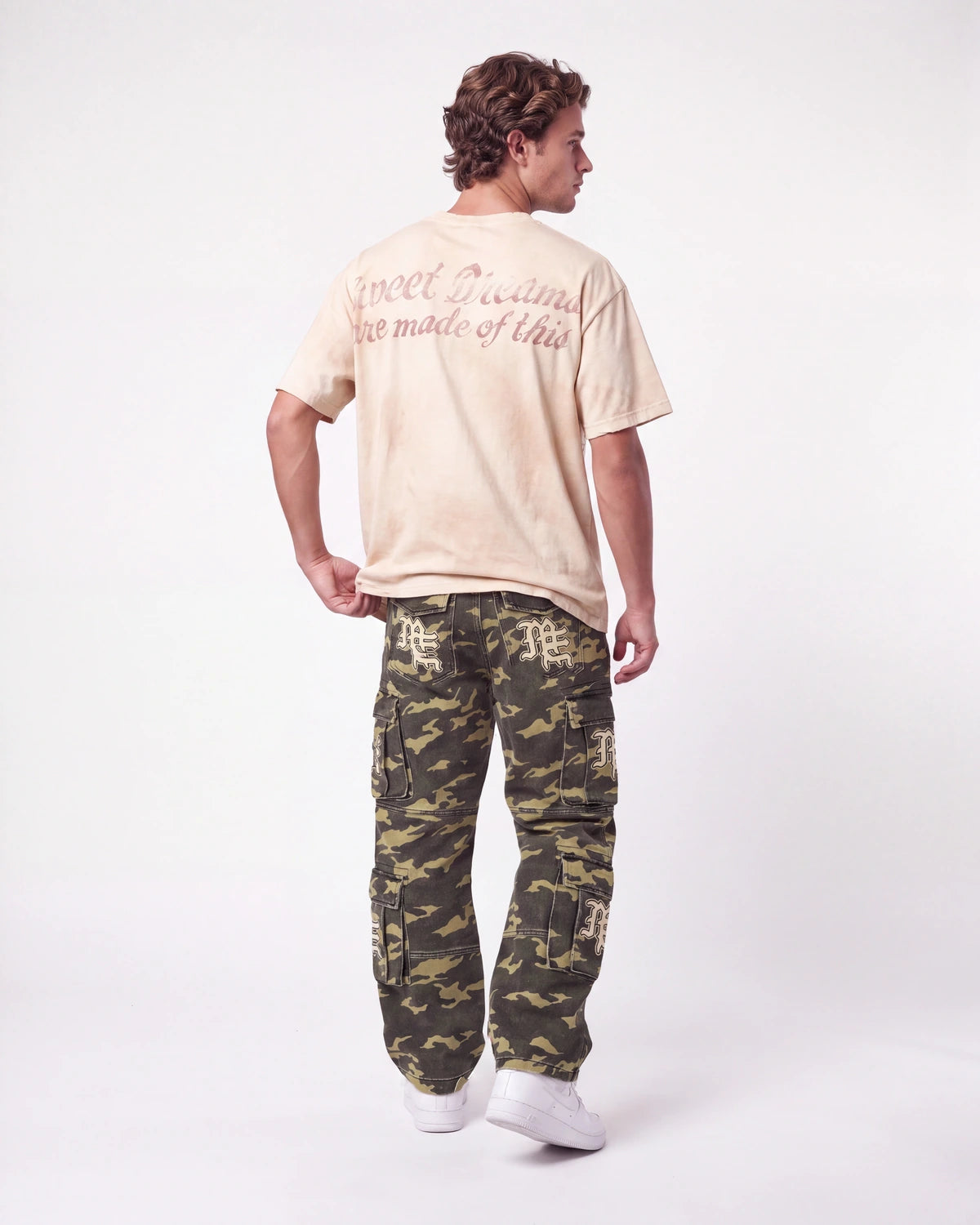 Mixed Emotions ME Camo Cargo Pants green camo, full rear view on model worn with a natural photo-print tee