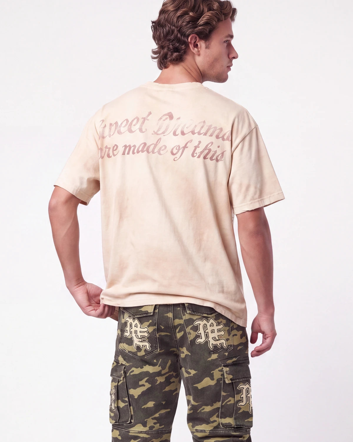 Vale Forever Solo Tee natural, upper body rear view on model showing the faded back script