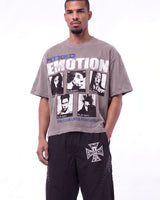 Mixed Emotions Gallery Tee grey, upper body front view on model showing the black-and-white portrait panels