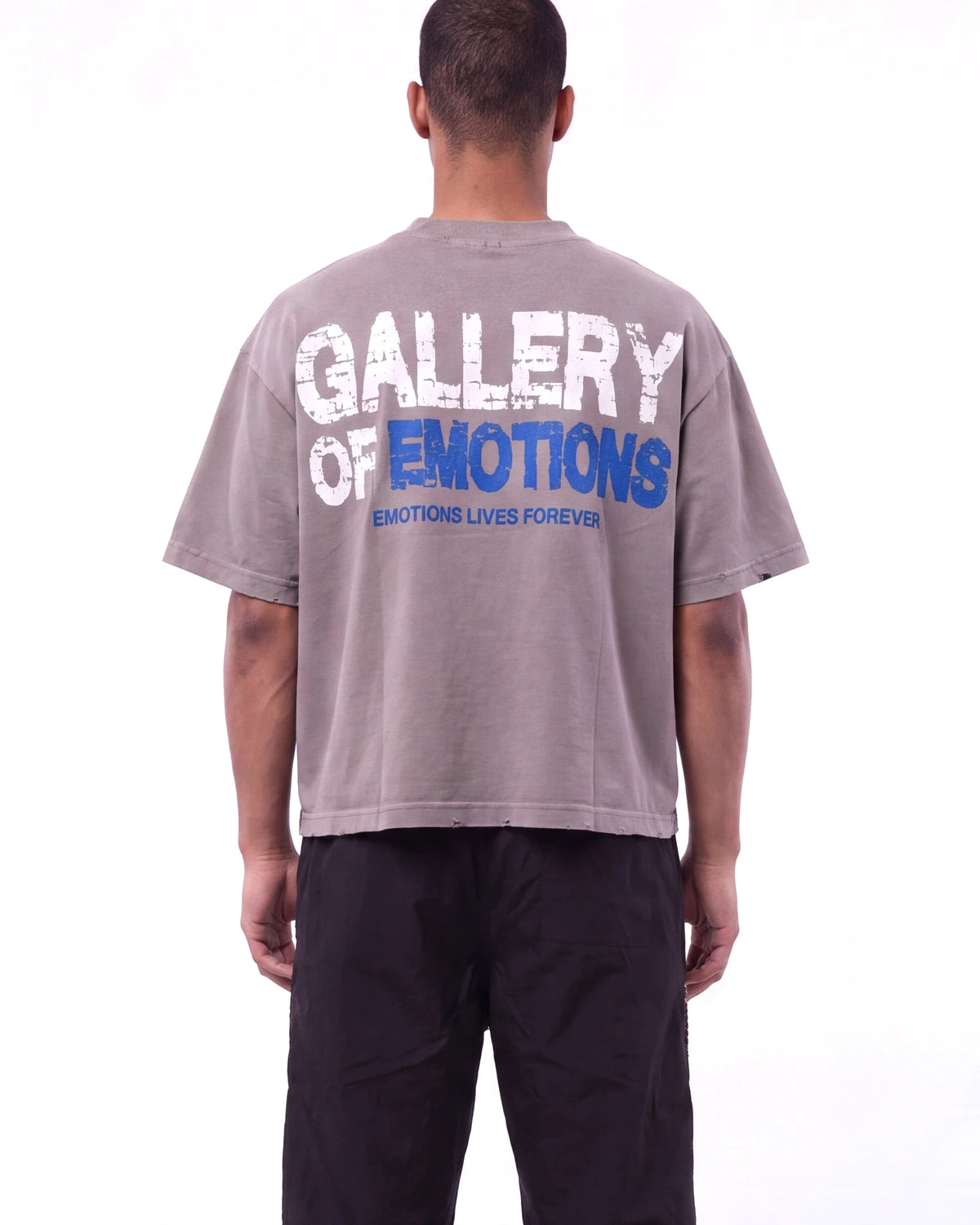 Mixed Emotions Gallery Tee grey, upper body rear view on model showing the GALLERY OF EMOTIONS lettering