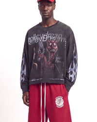 Vale Forever Psychopath L/S Tee black, upper body front view on model showing the figure graphic and flame sleeves