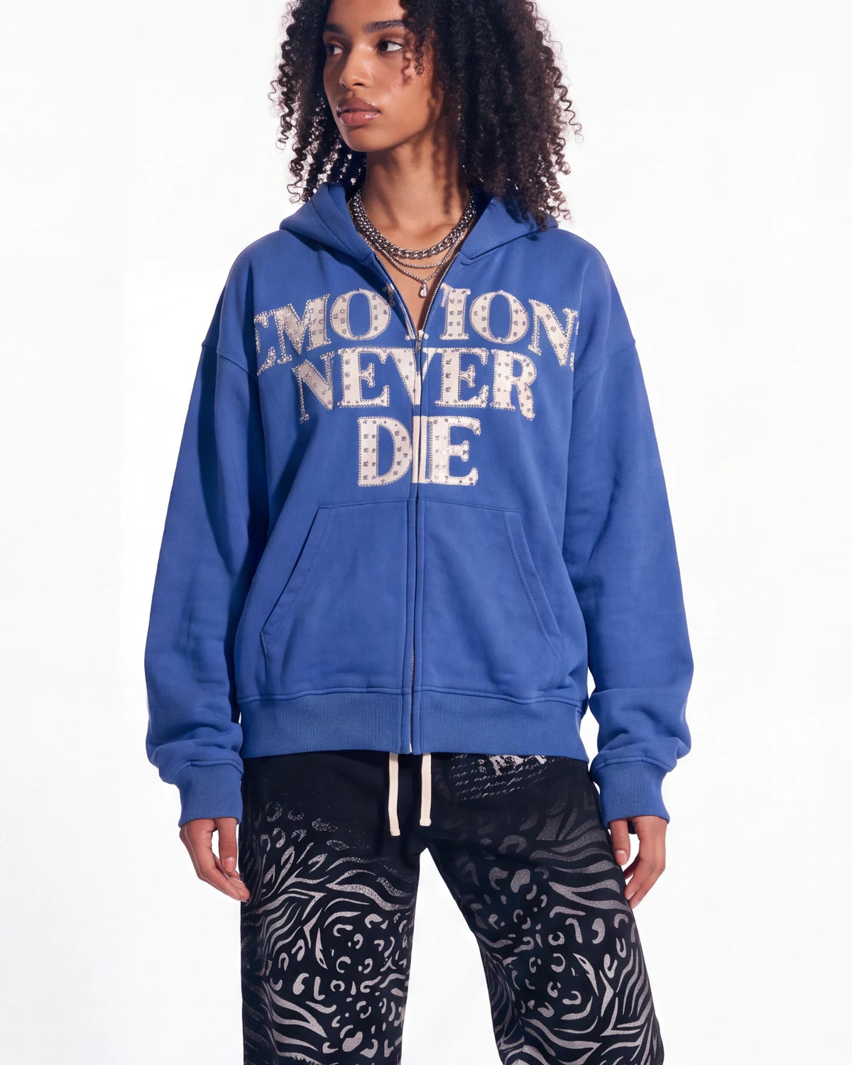 Mixed Emotions "End" Rhinestone Hoodie Blue