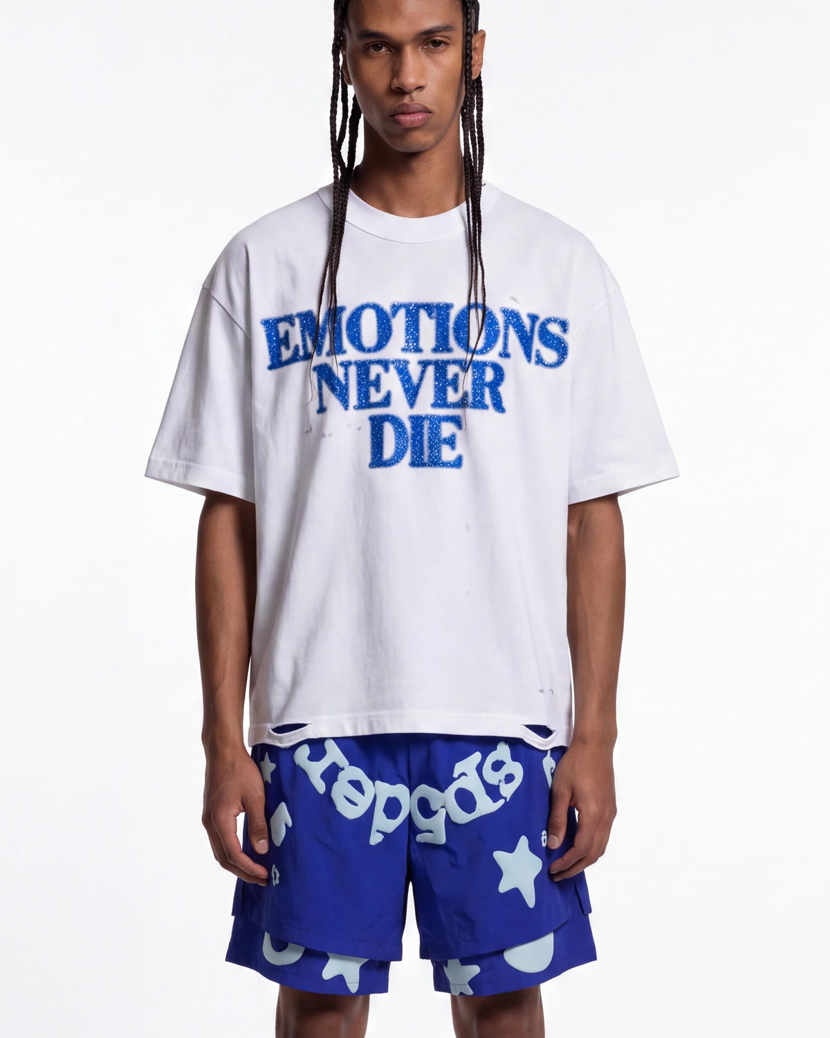 Mixed Emotions End Rhinestone Tee White/Blue