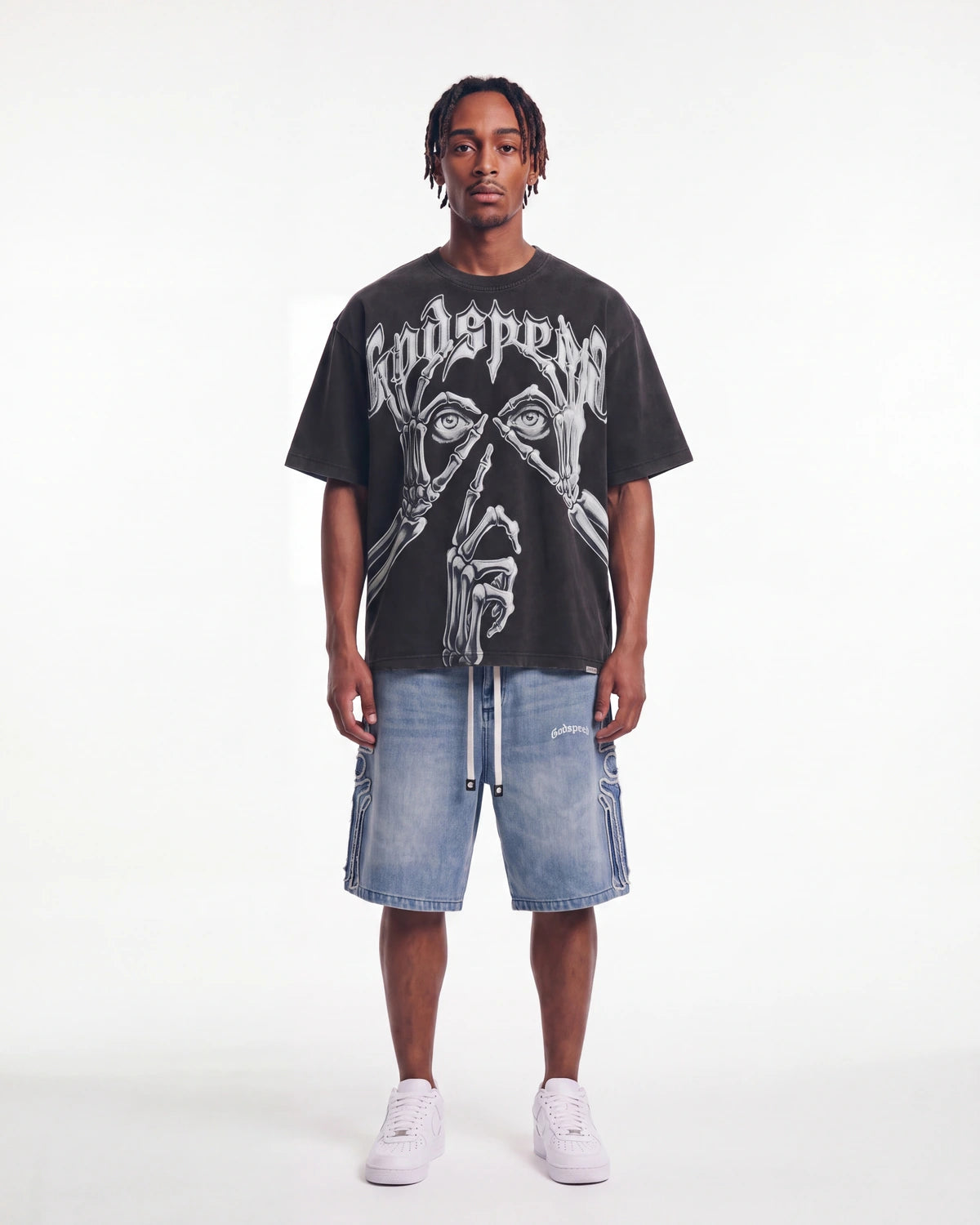 Godspeed Silencio Tee Black Wash, worn by a model, full-length front view