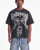 Godspeed Silencio Tee Black Wash, cropped on-model front view showing the graphic and boxy fit