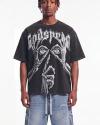 Godspeed Silencio Tee Black Wash, cropped on-model front view showing the graphic and boxy fit