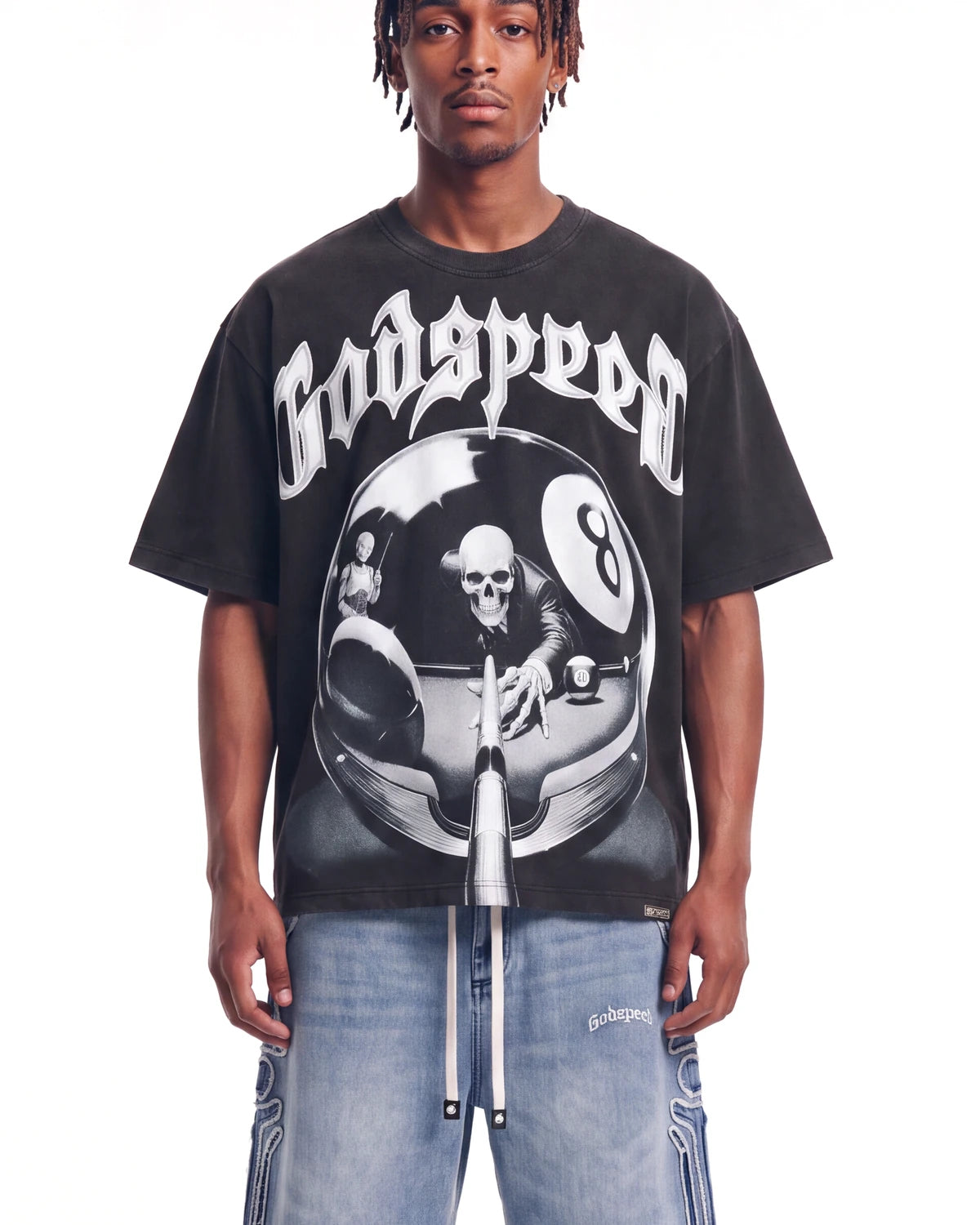 Godspeed 8Ball CP Tee Black Wash, cropped on-model front view showing the 8-ball graphic and boxy fit