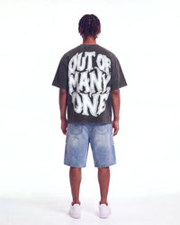 Godspeed 8Ball CP Tee Black Wash, worn by a model, full-length back view showing the OUT OF MANY, ONE print