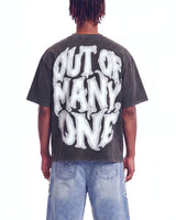 Godspeed 8Ball CP Tee Black Wash, cropped on-model back view showing the bubble lettering