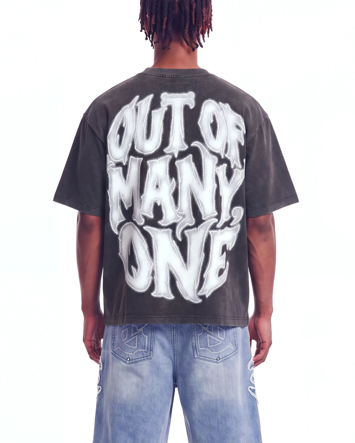 Godspeed 8Ball CP Tee Black Wash, cropped on-model back view showing the bubble lettering