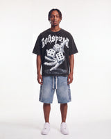 Godspeed No Risk No Reward Tee Black Wash, worn by a model, full-length front view