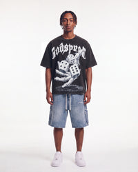 Godspeed No Risk No Reward Tee Black Wash, worn by a model, full-length front view