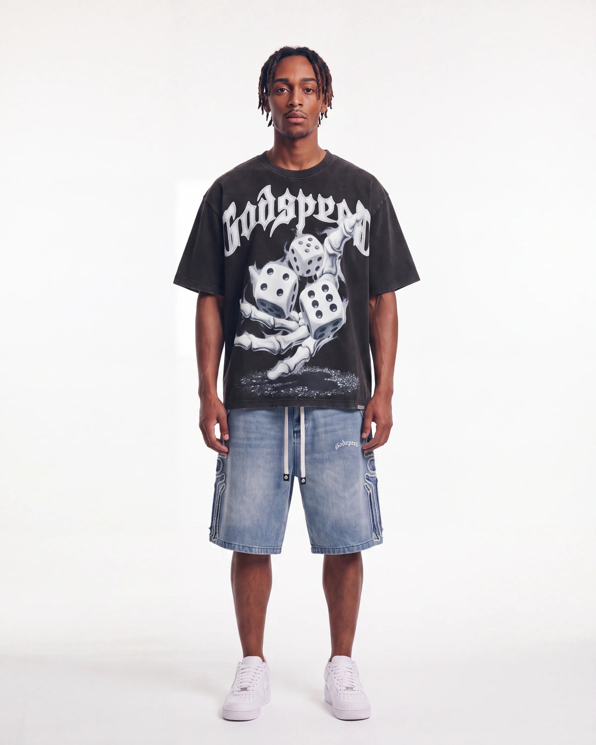 Godspeed No Risk No Reward Tee Black Wash, worn by a model, full-length front view