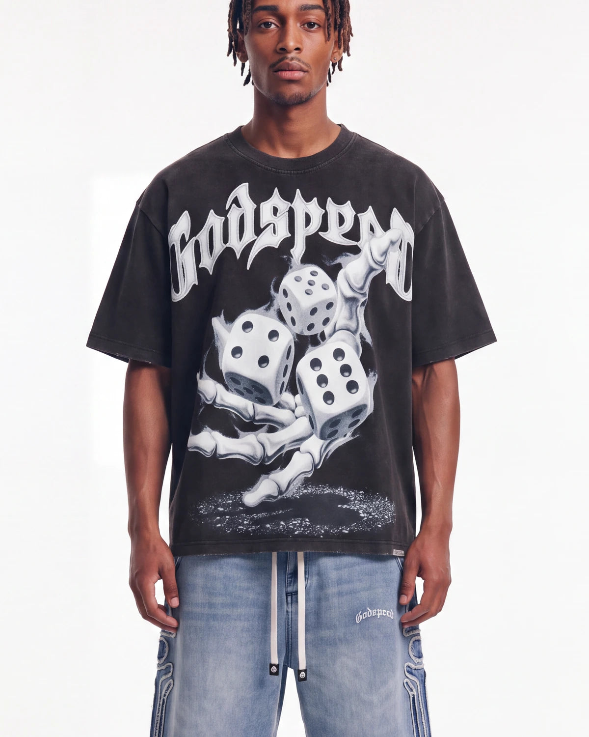 Godspeed No Risk No Reward Tee Black Wash, cropped on-model front view showing the dice graphic and boxy fit
