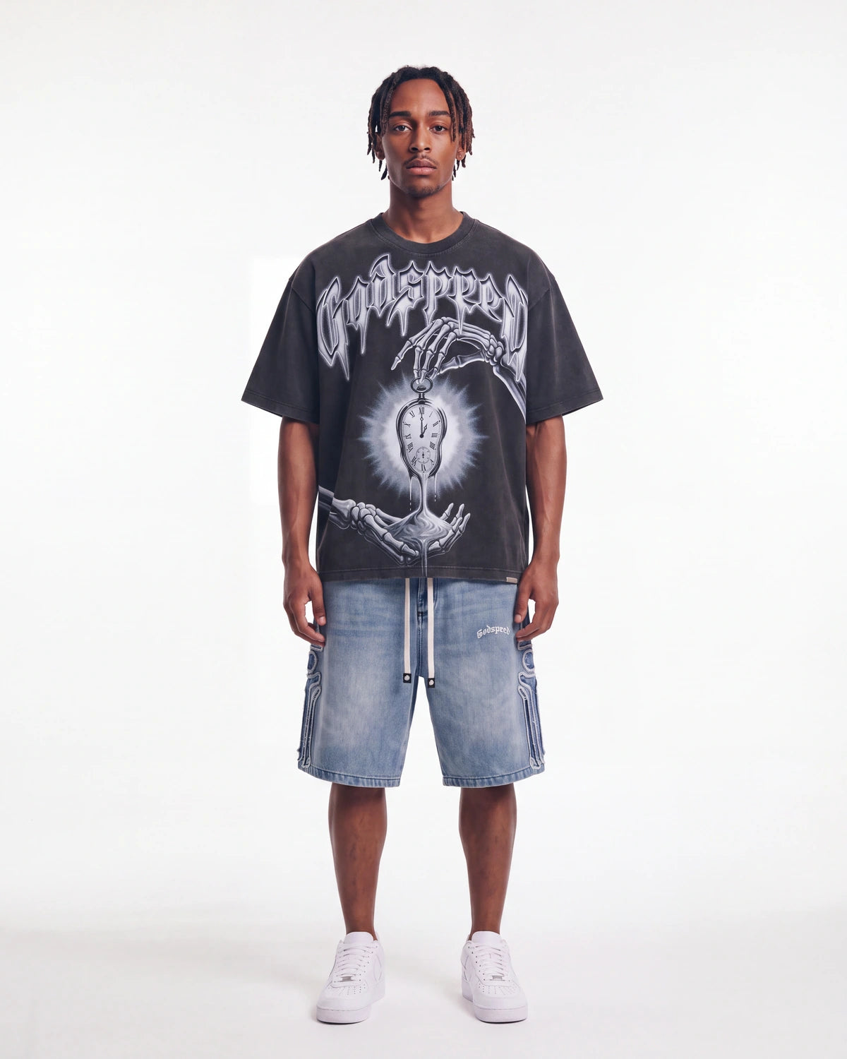 Godspeed Borrowed Time Tee Black Wash, worn by a model, full-length front view