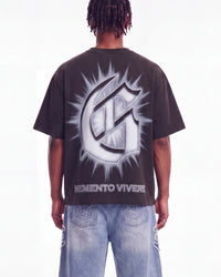 Godspeed Borrowed Time Tee Black Wash, cropped on-model back view showing the G monogram