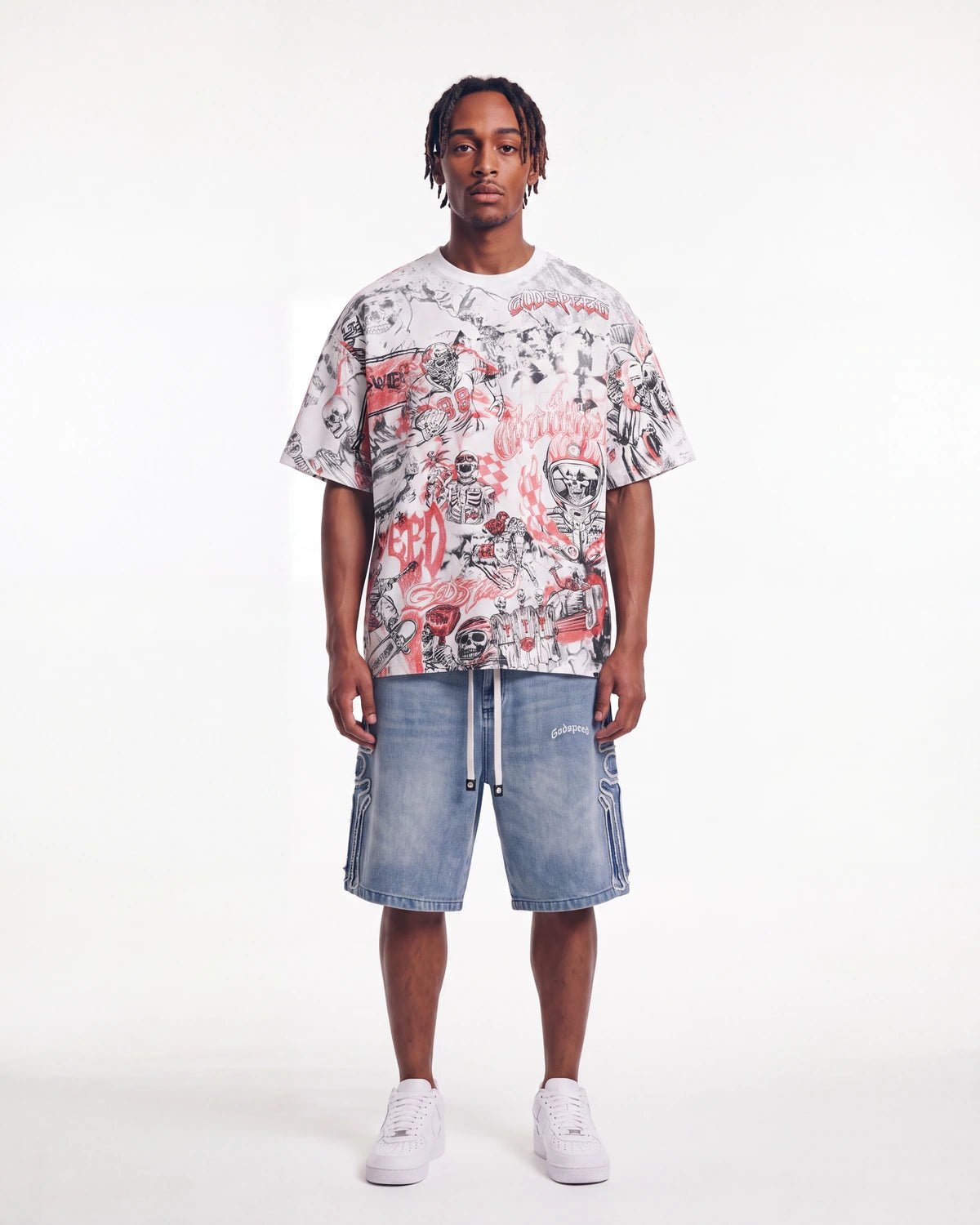 Godspeed Sketch Archive Tee White, worn by a model, full-length front view