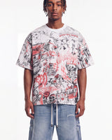 Godspeed Sketch Archive Tee White, cropped on-model front view showing the sketch print and boxy fit
