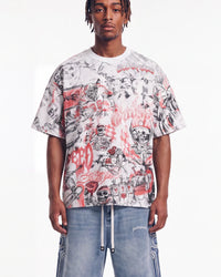 Godspeed Sketch Archive Tee White, cropped on-model front view showing the sketch print and boxy fit