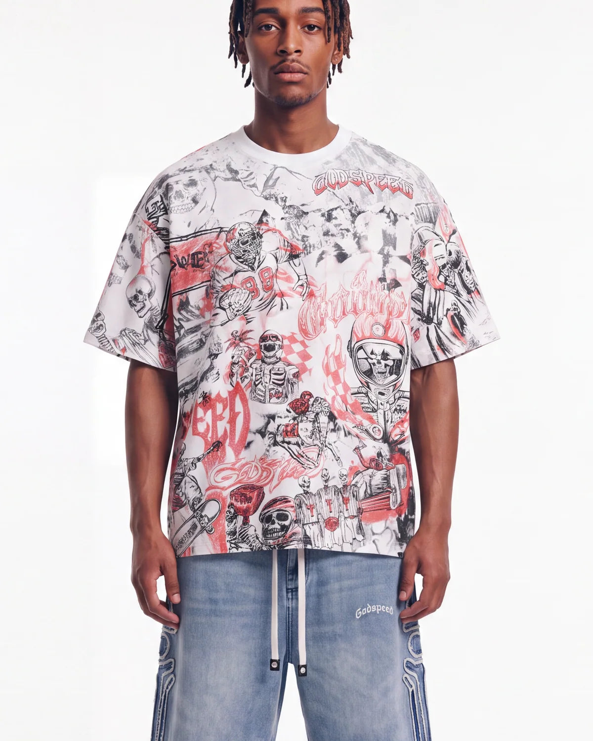 Godspeed Sketch Archive Tee White, cropped on-model front view showing the sketch print and boxy fit