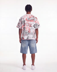 Godspeed Sketch Archive Tee White, worn by a model, full-length back view showing the all-over sketch print
