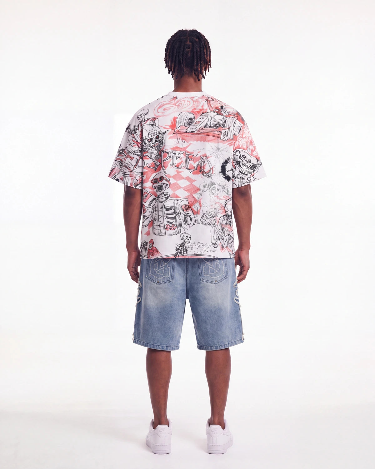 Godspeed Sketch Archive Tee White, worn by a model, full-length back view showing the all-over sketch print