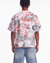 Godspeed Sketch Archive Tee White, cropped on-model back view showing the all-over print