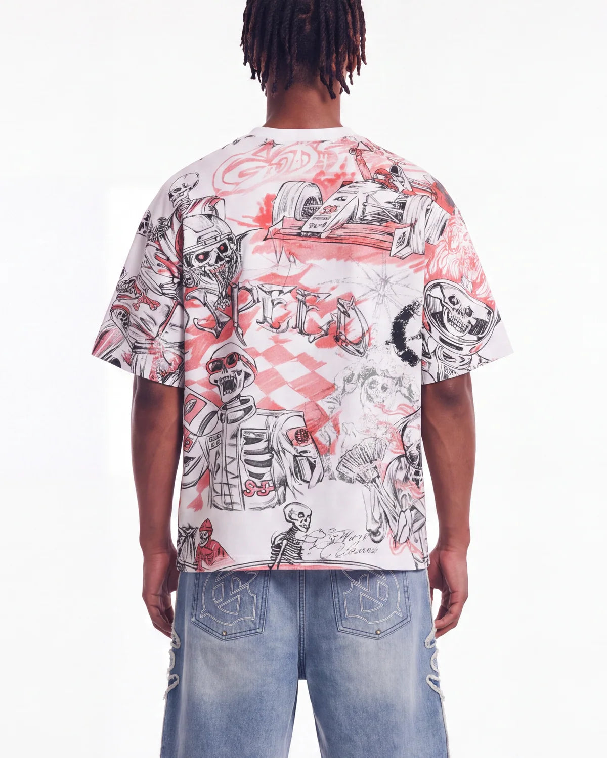 Godspeed Sketch Archive Tee White, cropped on-model back view showing the all-over print