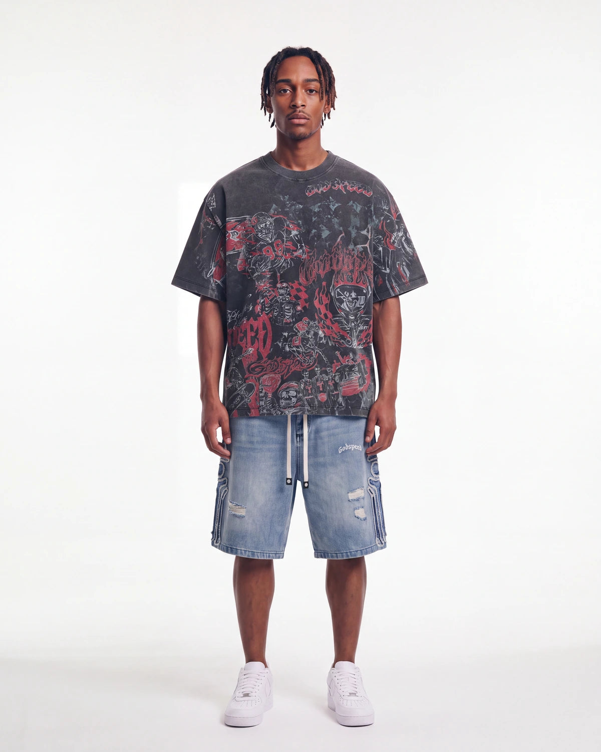 Godspeed Sketch Archive Tee Grey Wash, worn by a model, full-length front view