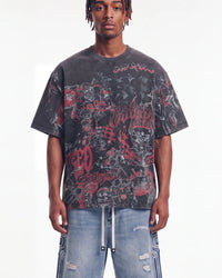 Godspeed Sketch Archive Tee Grey Wash, cropped on-model front view showing the sketch print and boxy fit