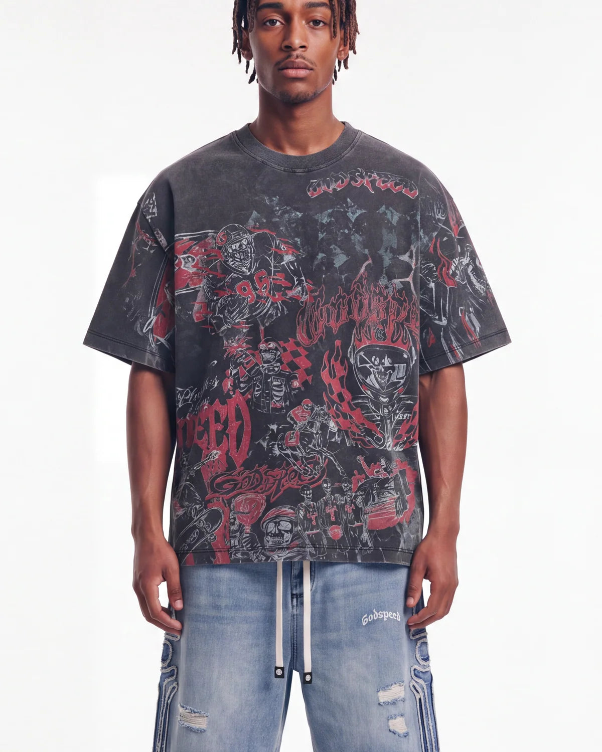 Godspeed Sketch Archive Tee Grey Wash, cropped on-model front view showing the sketch print and boxy fit