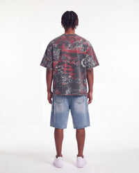 Godspeed Sketch Archive Tee Grey Wash, worn by a model, full-length back view showing the all-over sketch print
