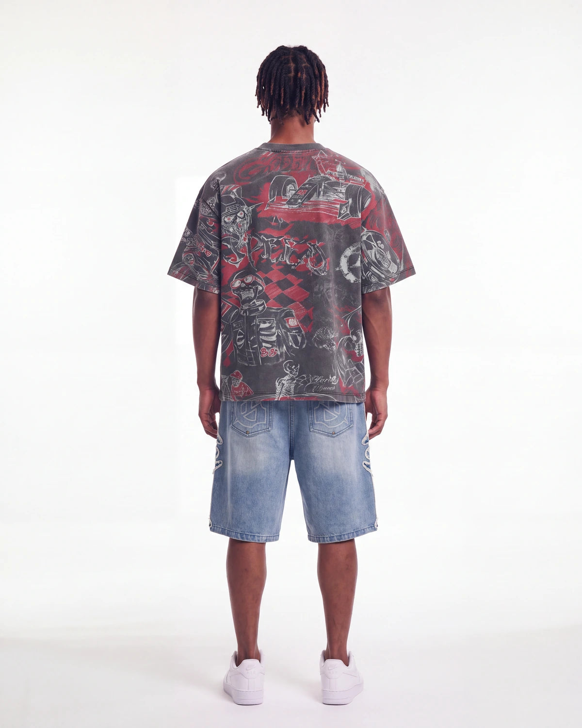 Godspeed Sketch Archive Tee Grey Wash, worn by a model, full-length back view showing the all-over sketch print