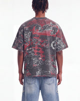 Godspeed Sketch Archive Tee Grey Wash, cropped on-model back view showing the all-over print