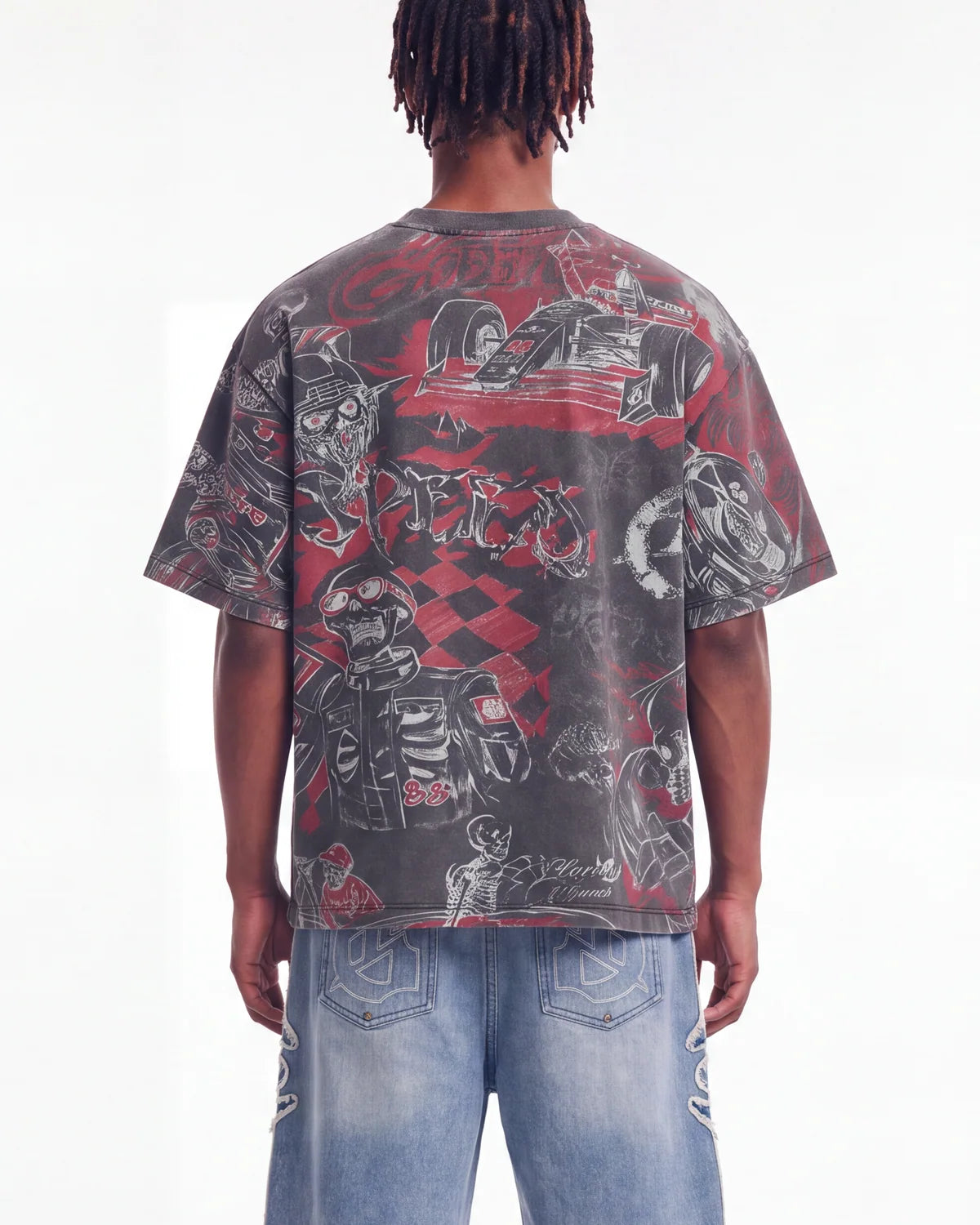Godspeed Sketch Archive Tee Grey Wash, cropped on-model back view showing the all-over print