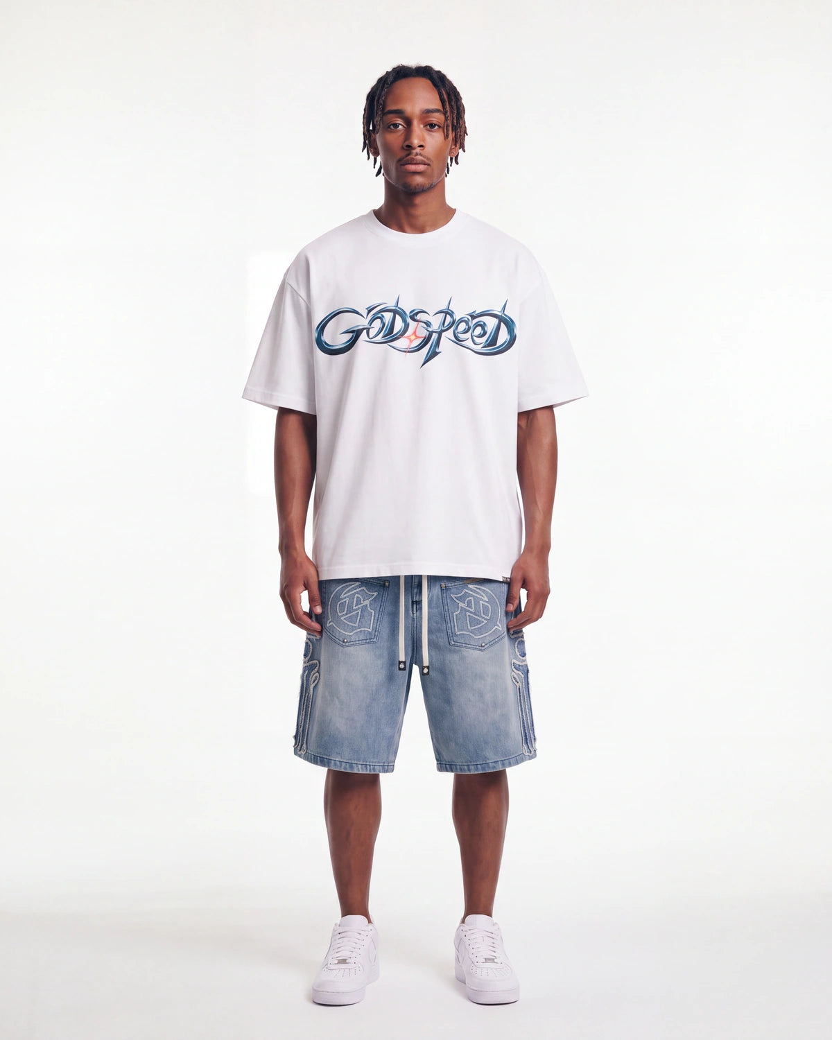 Godspeed New Age Reloaded Tee White, worn by a model, full-length front view