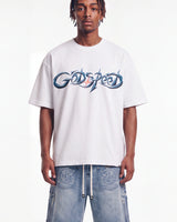 Godspeed New Age Reloaded Tee White, cropped on-model front view showing the chrome wordmark and boxy fit