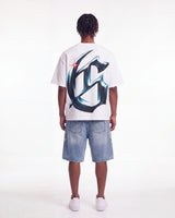 Godspeed New Age Reloaded Tee White, worn by a model, full-length back view showing the chrome G monogram