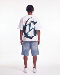 Godspeed New Age Reloaded Tee White, worn by a model, full-length back view showing the chrome G monogram