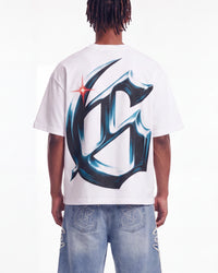 Godspeed New Age Reloaded Tee White, cropped on-model back view showing the chrome G monogram