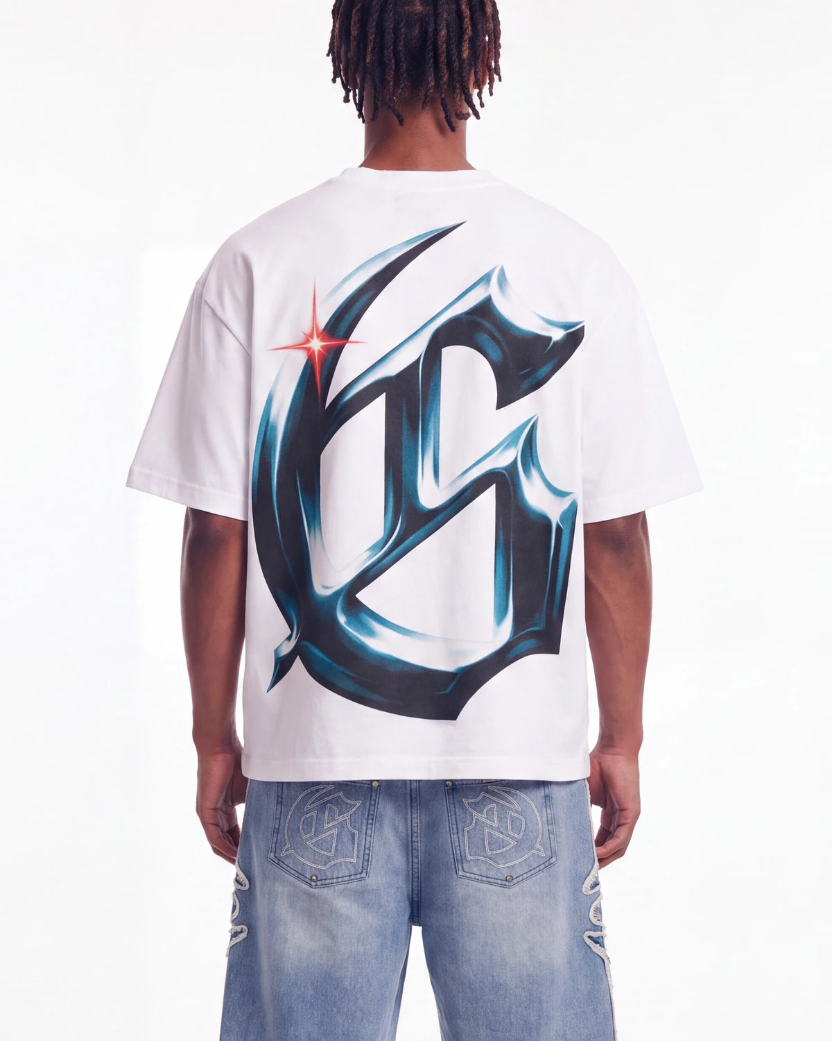 Godspeed New Age Reloaded Tee White, cropped on-model back view showing the chrome G monogram