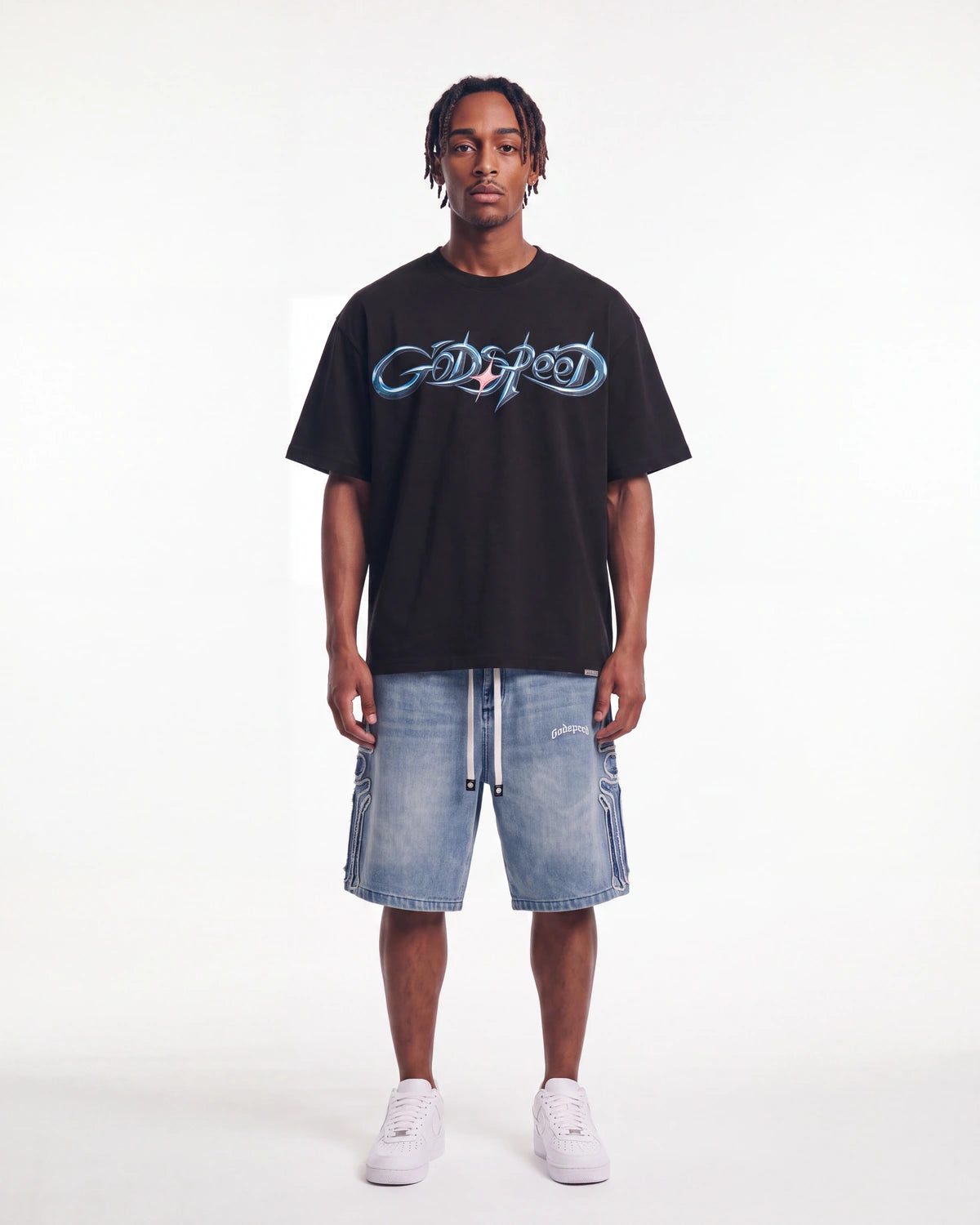 Godspeed New Age Reloaded Tee Black, worn by a model, full-length front view
