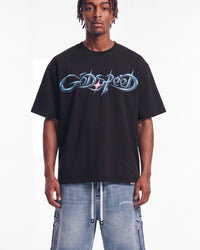 Godspeed New Age Reloaded Tee Black, cropped on-model front view showing the chrome wordmark and boxy fit